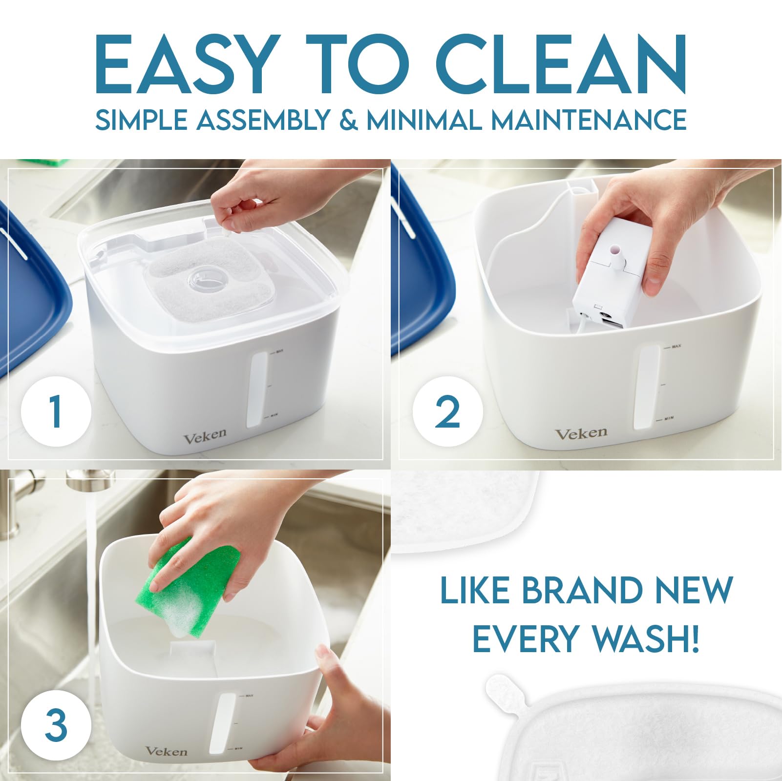 Veken ultra-quiet pump runs with minimal noise for daily use.