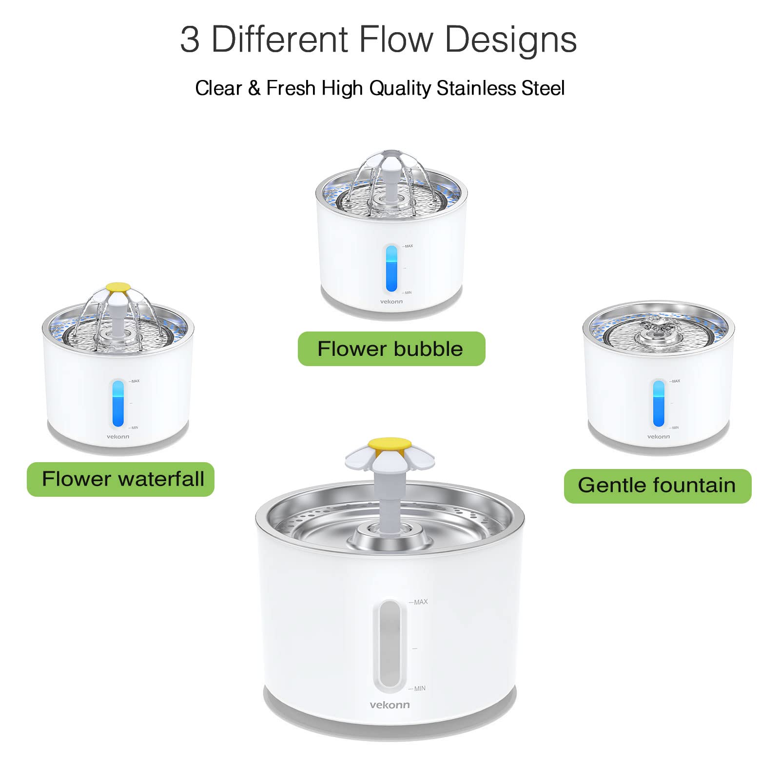 Vekonn cat water fountain filtration system featuring charcoal filter and sponge for clean water.