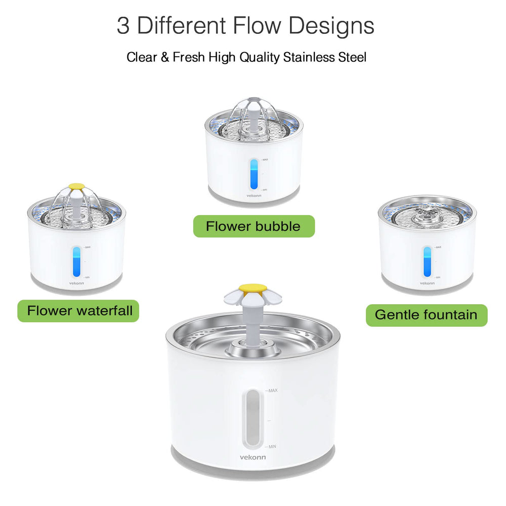 Vekonn cat water fountain filtration system featuring charcoal filter and sponge for clean water.