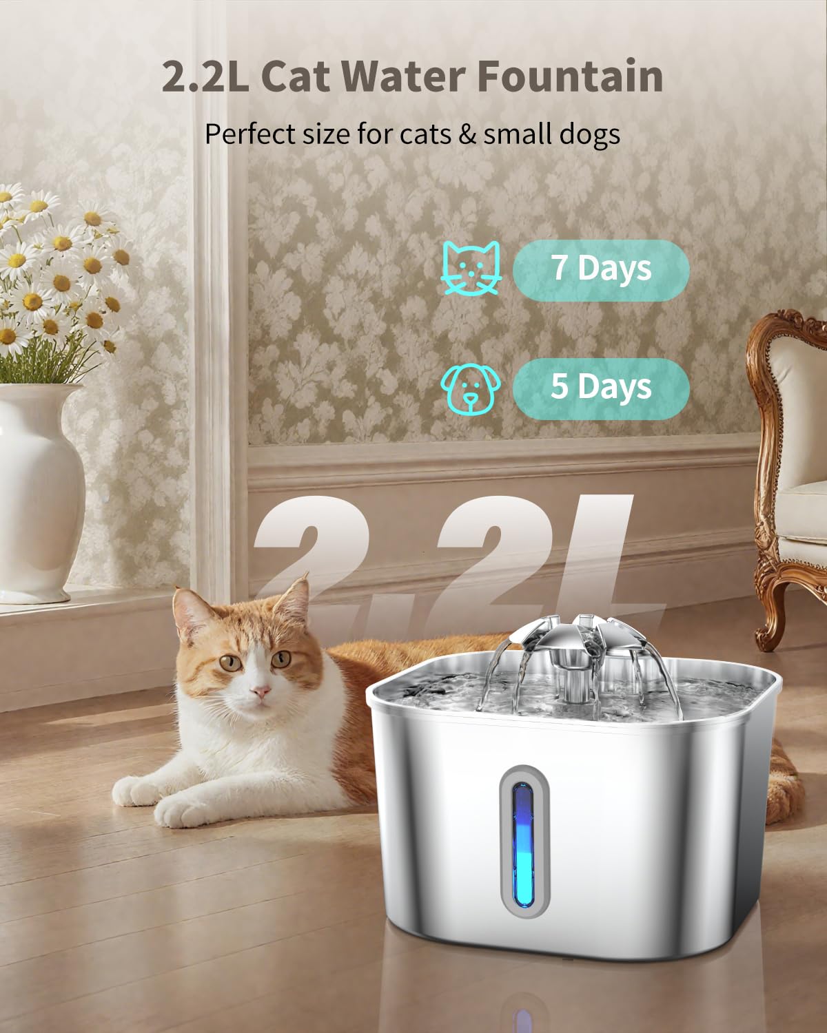 Vekonn cat fountain stainless steel durable build resists stains and odors.