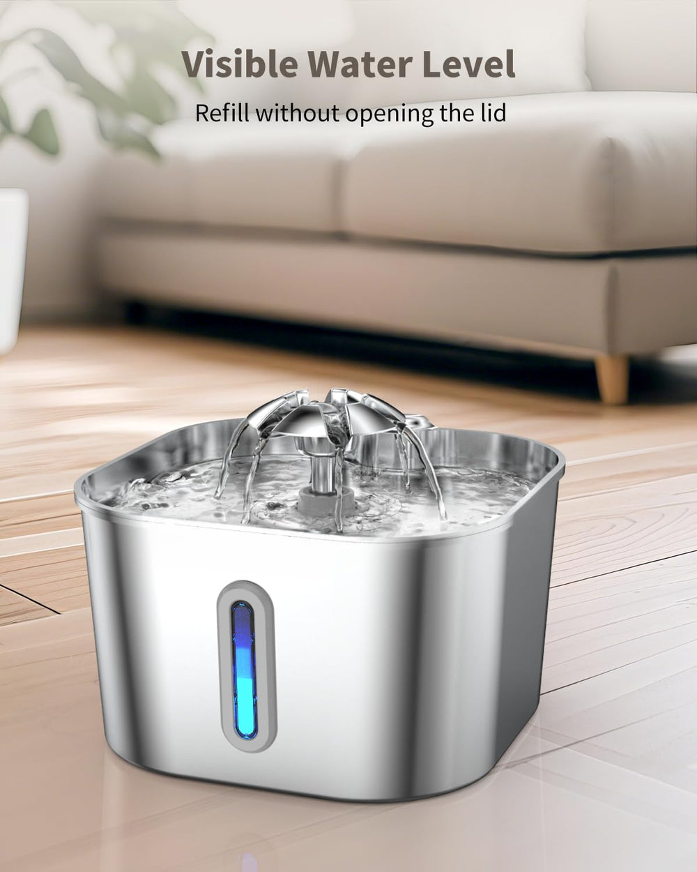 Vekonn cat fountain stainless steel water flow close-up shows steady streams.