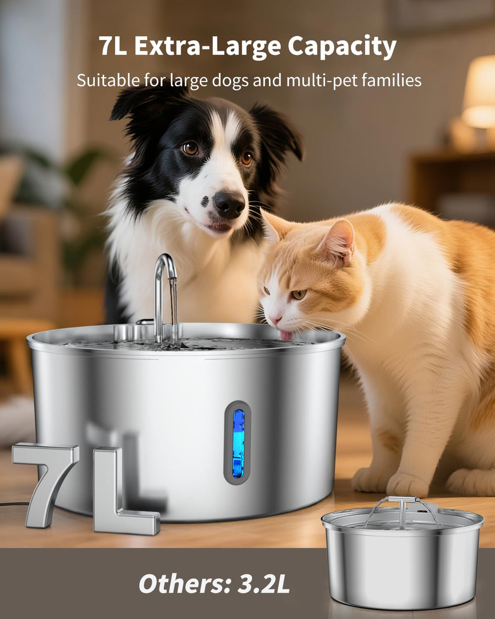 Vekonn dog water fountain top view shows hygienic stainless steel design.