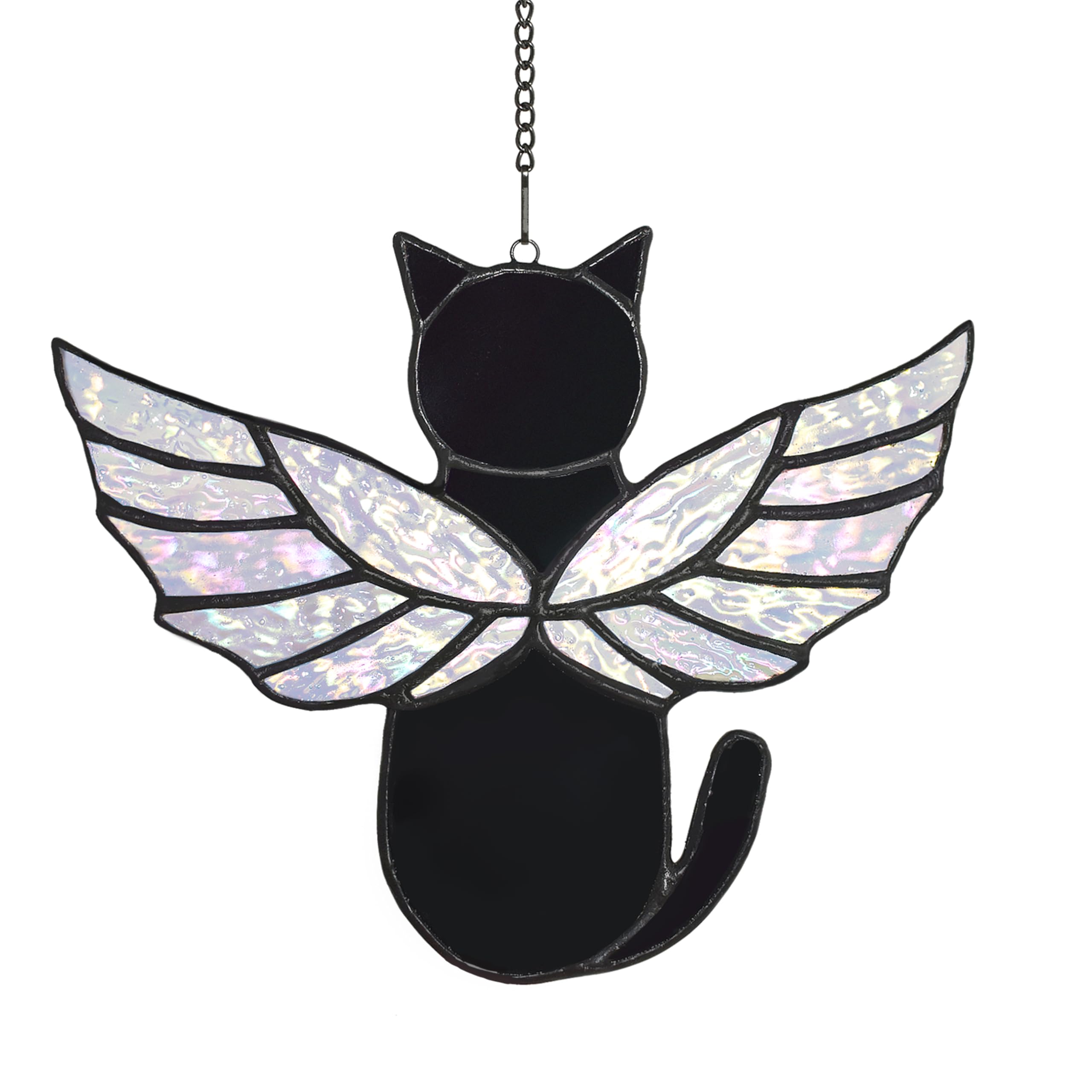 Velasyart angel rainbow wing cat suncatcher in window glow, creating warm glow for cozy spaces.