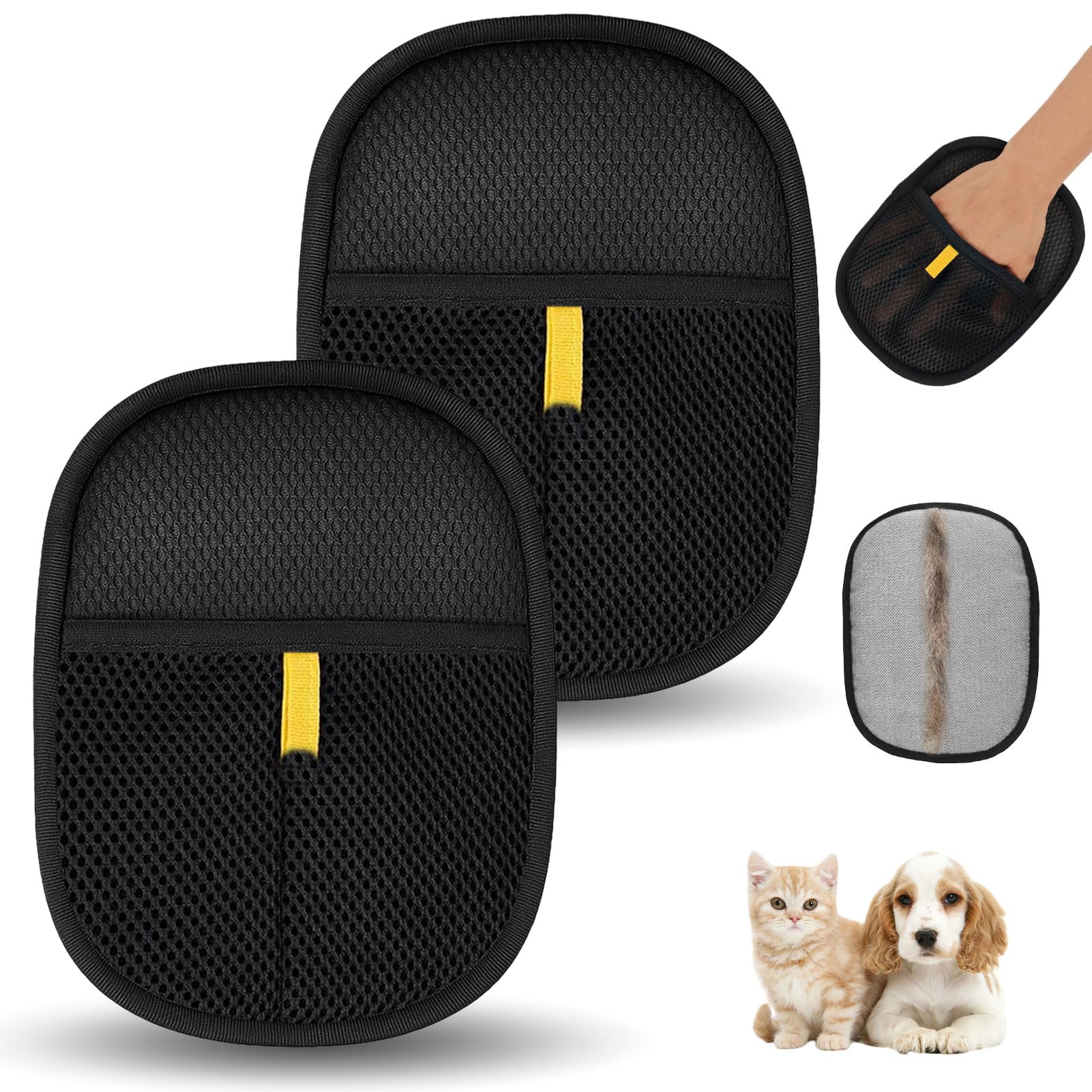 Velupet Zoom gloves electrostatic hair capture on a sofa for fast fur removal.