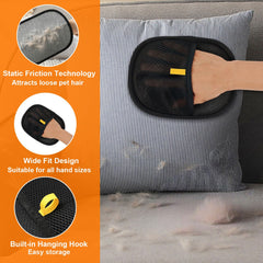 Velupet Zoom gloves used on a couch and carpet to lift pet hair effortlessly.