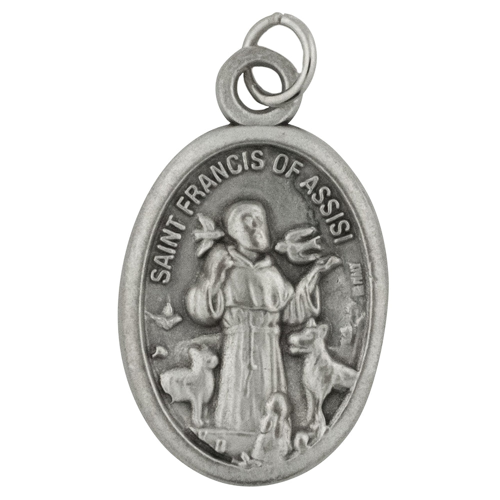 Venerare Saint Francis oval pet medal back displays blessing for crates.