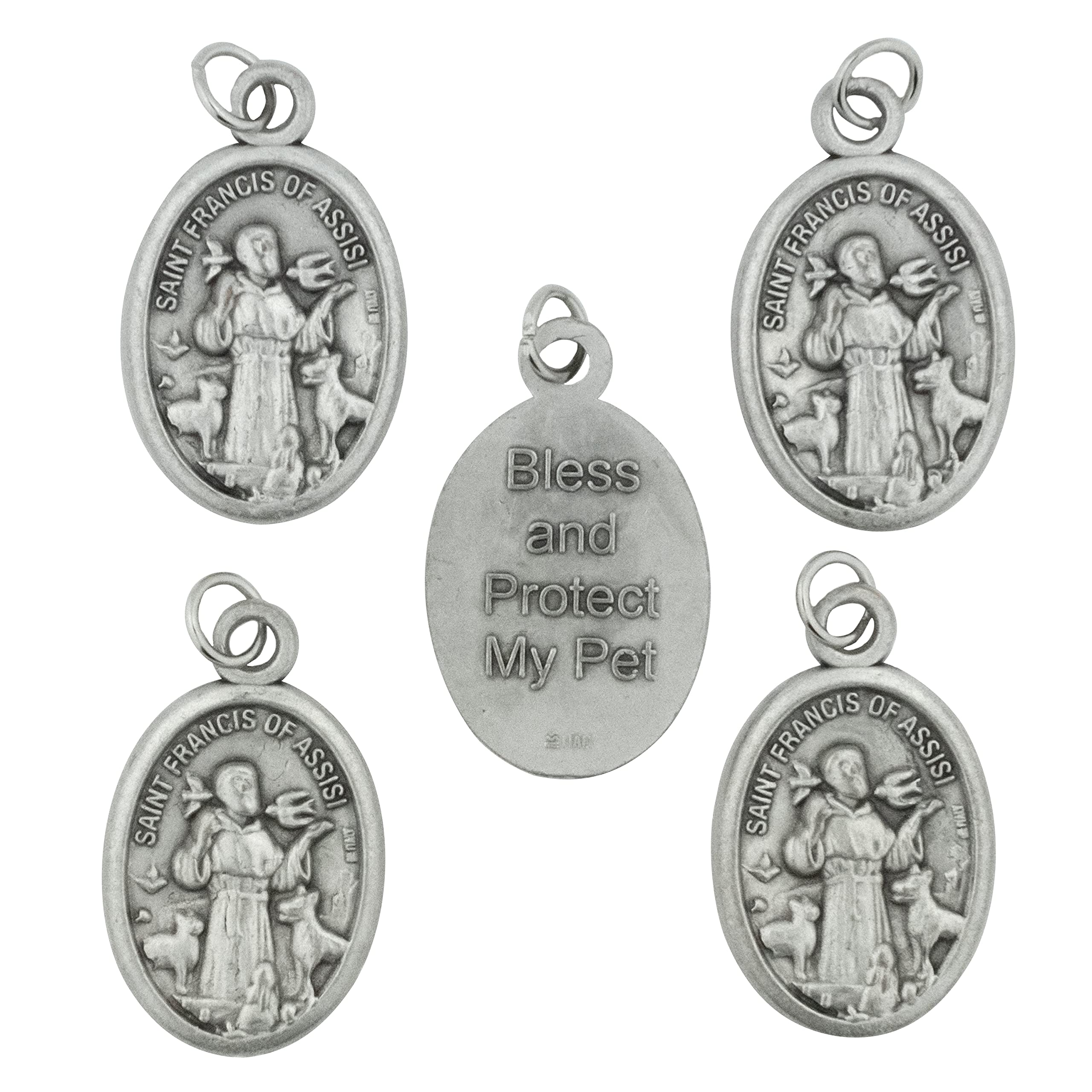 Venerare Saint Francis oval pet medal front shows animals, ideal for collar attachment.