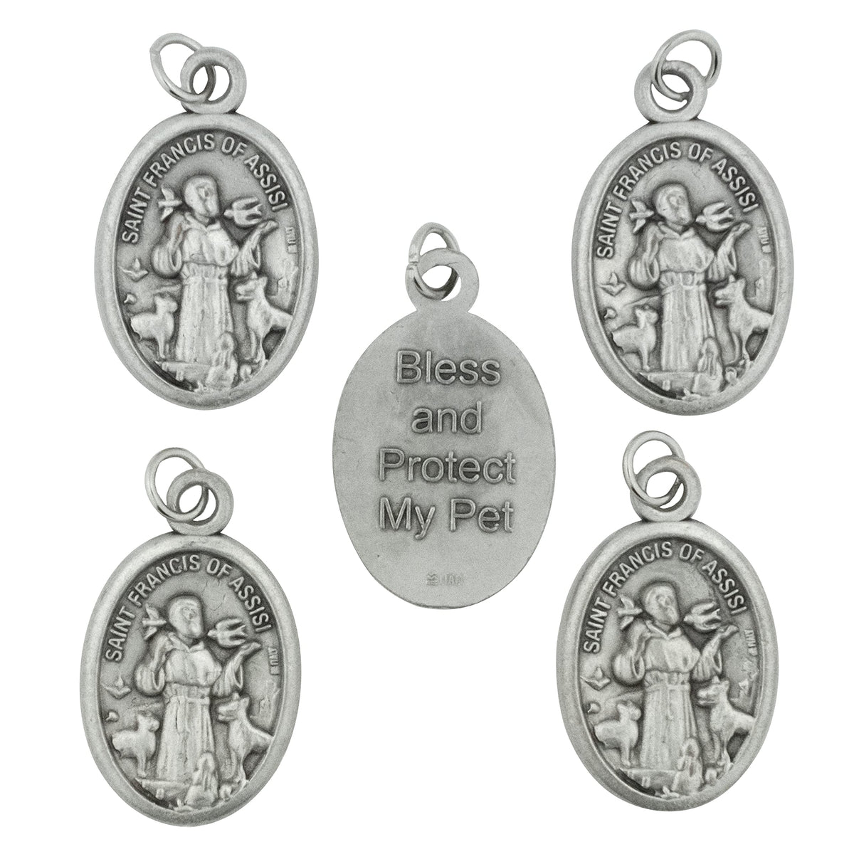 Venerare Saint Francis oval pet medal front shows animals, ideal for collar attachment.