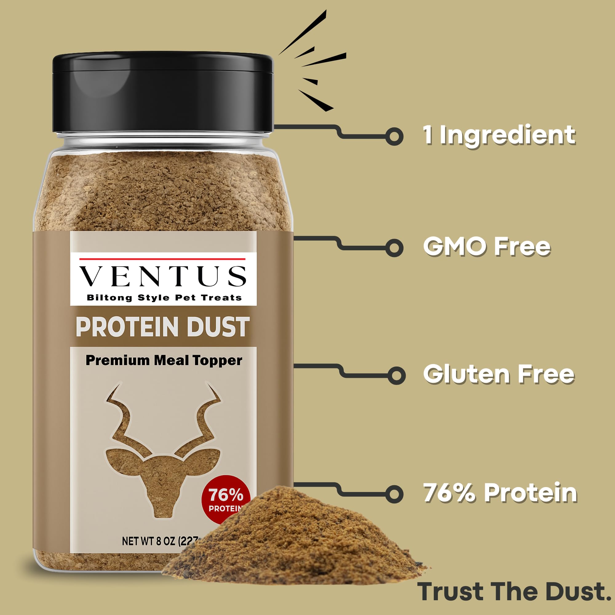 Ventus Venison Topper jar close-up highlights pure venison jerky powder for sensitive dogs.