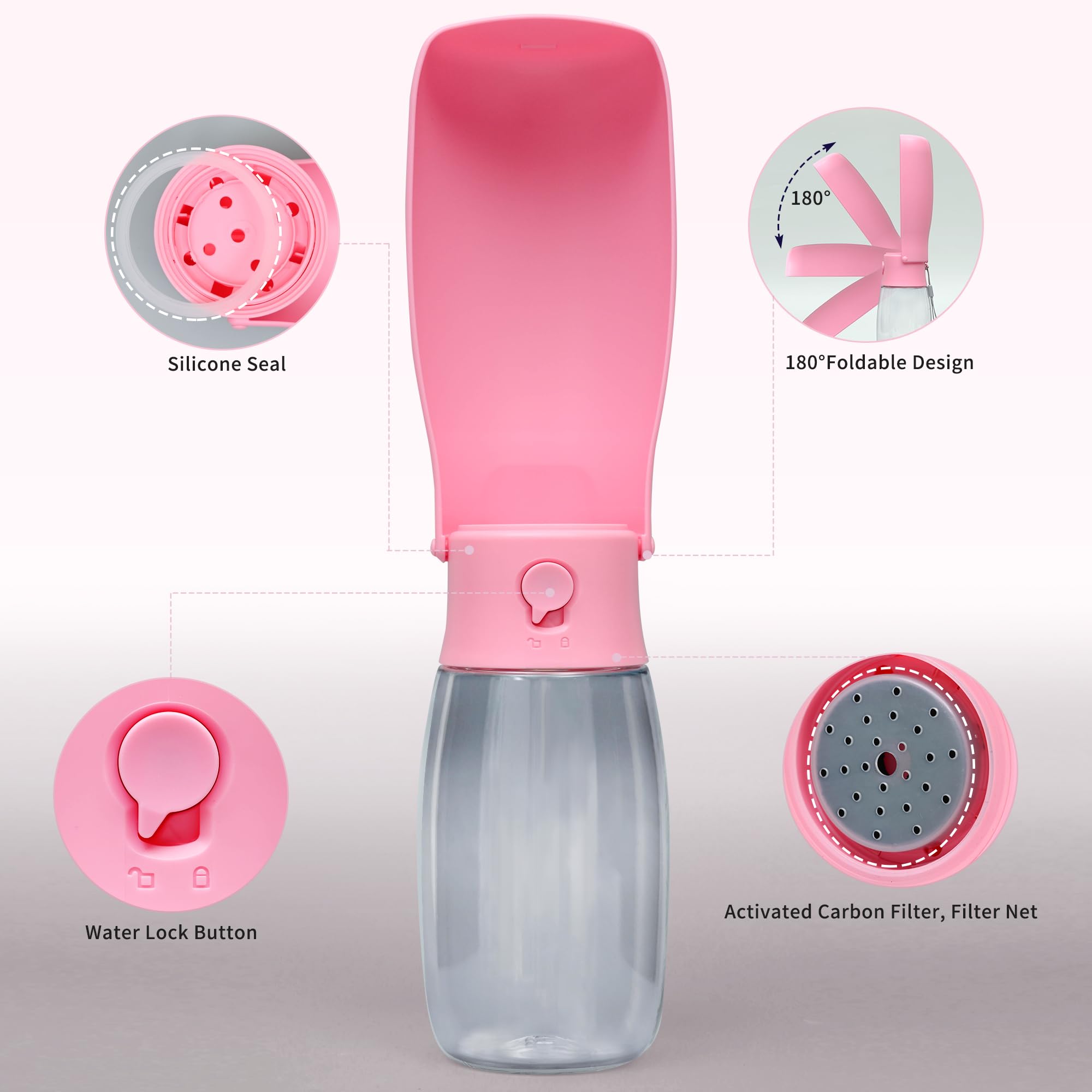 VEPOUYU dog water bottle leak-proof seal prevents spills during walks.