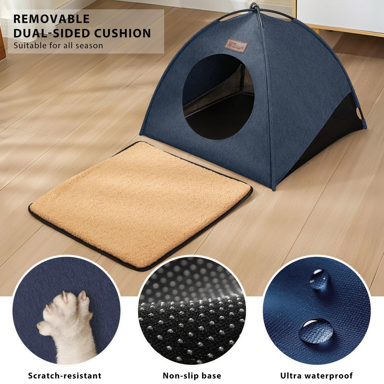 VERABE pyramid-design shelter stays upright during zoomies and play.