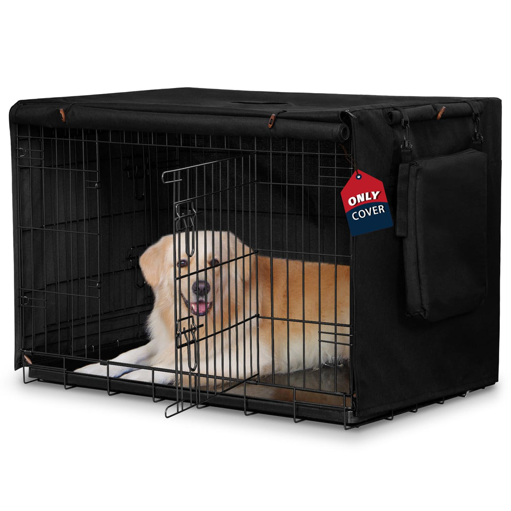 VERABE dog crate cover in waterproof fabric shields crates from rain and dust outdoors.