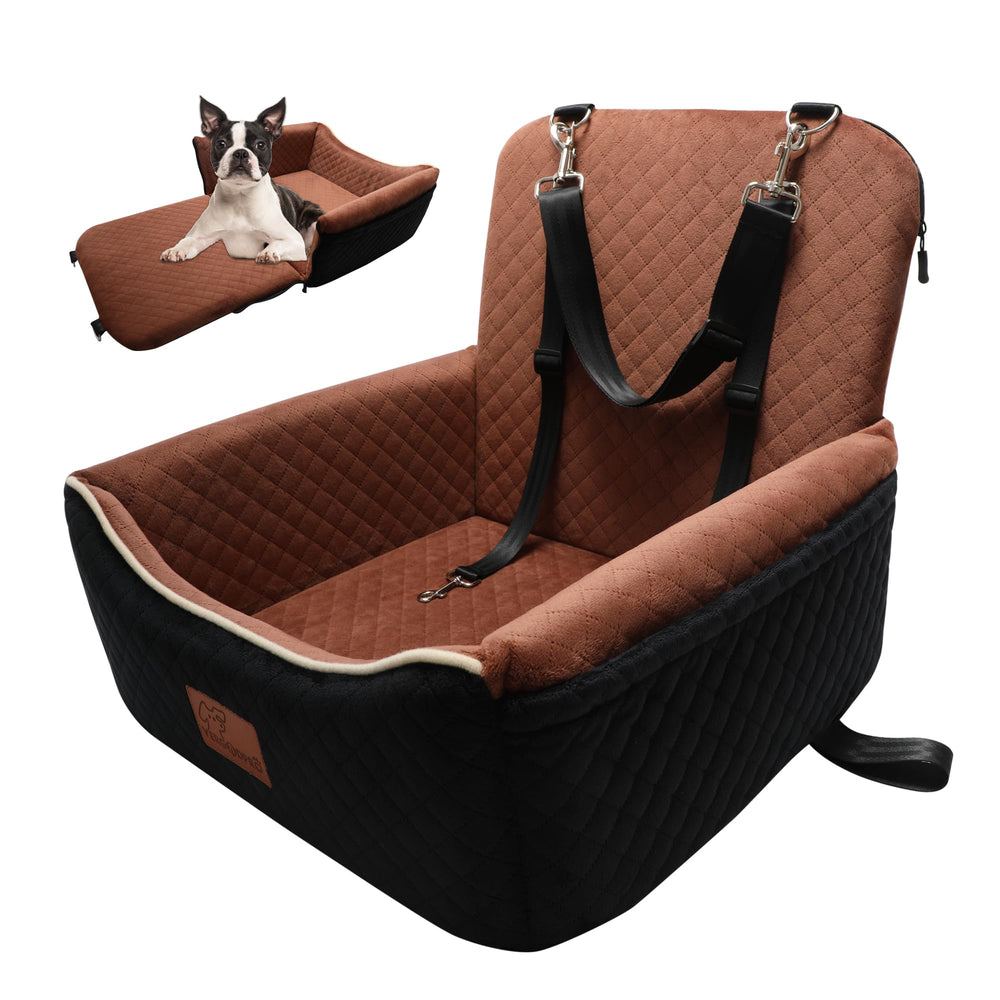 VERGODPRO dog car seat bed on the front seat shows secure fit and anti-slip base.