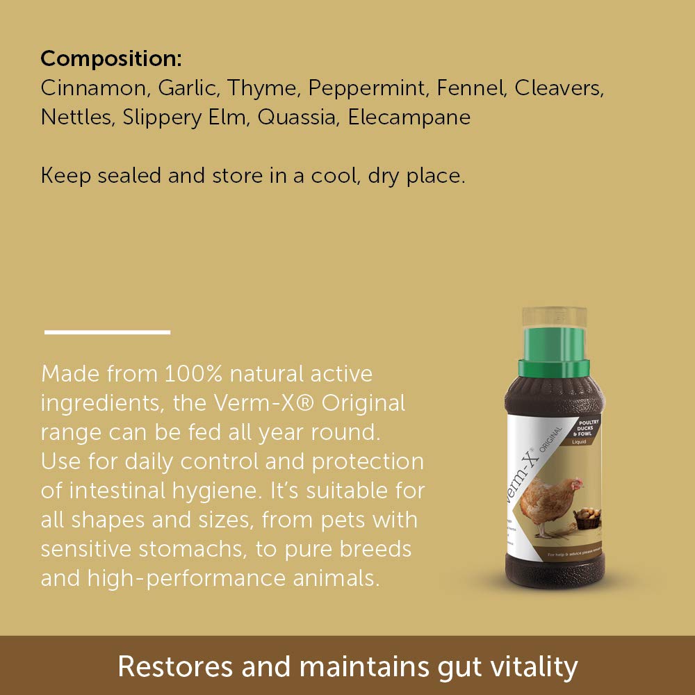 Verm-X ingredients close-up highlights herbal, non-GM formulation.