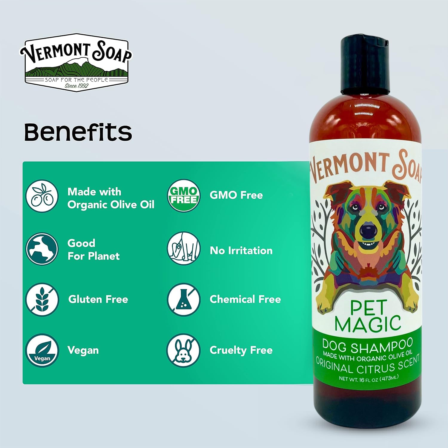 Vermont Soap Organics Pet Shampoo bottle featuring aloe vera and rosemary extract.