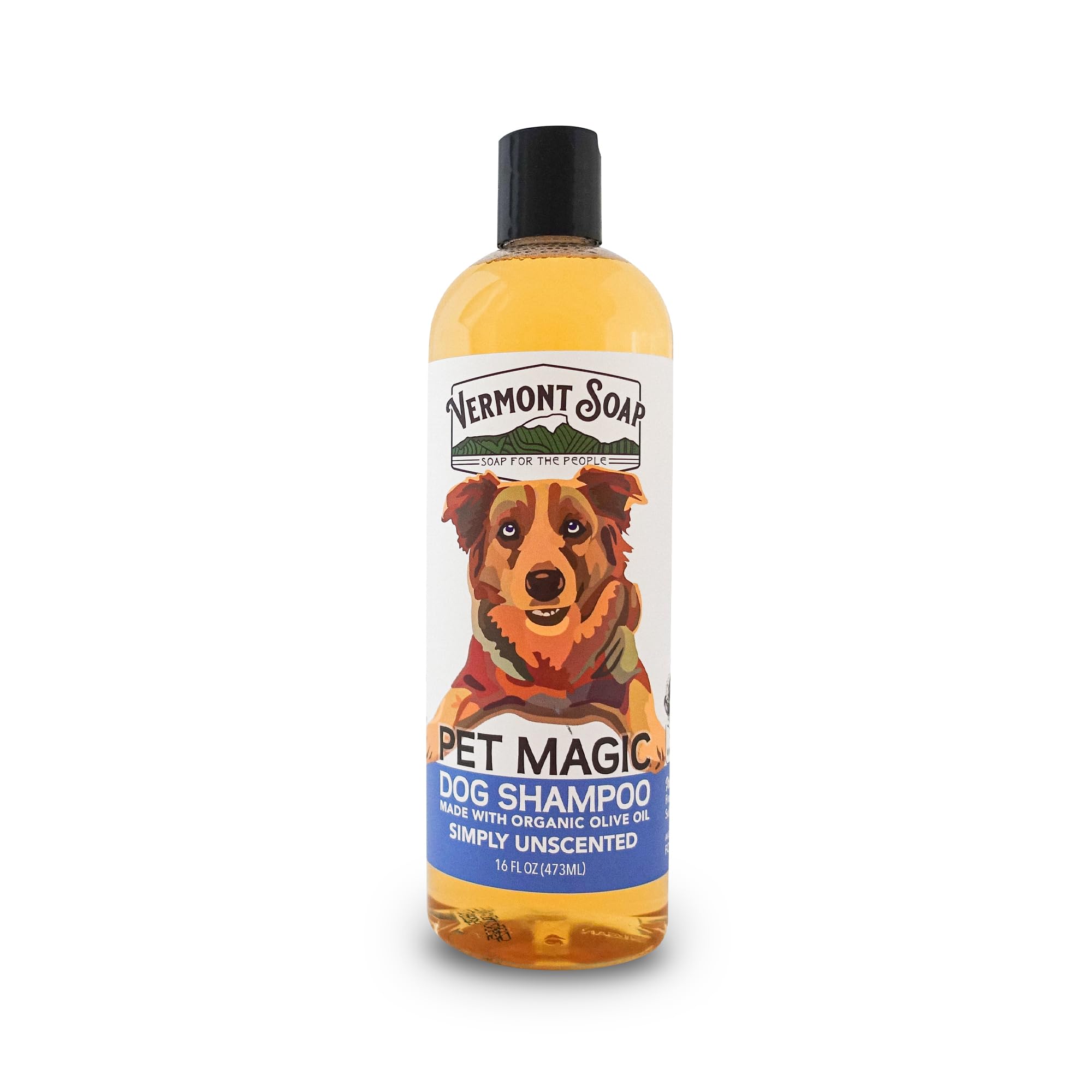 VERMONT SOAP Organics Pet Shampoo bottle-front shows unscented formula for sensitive skin