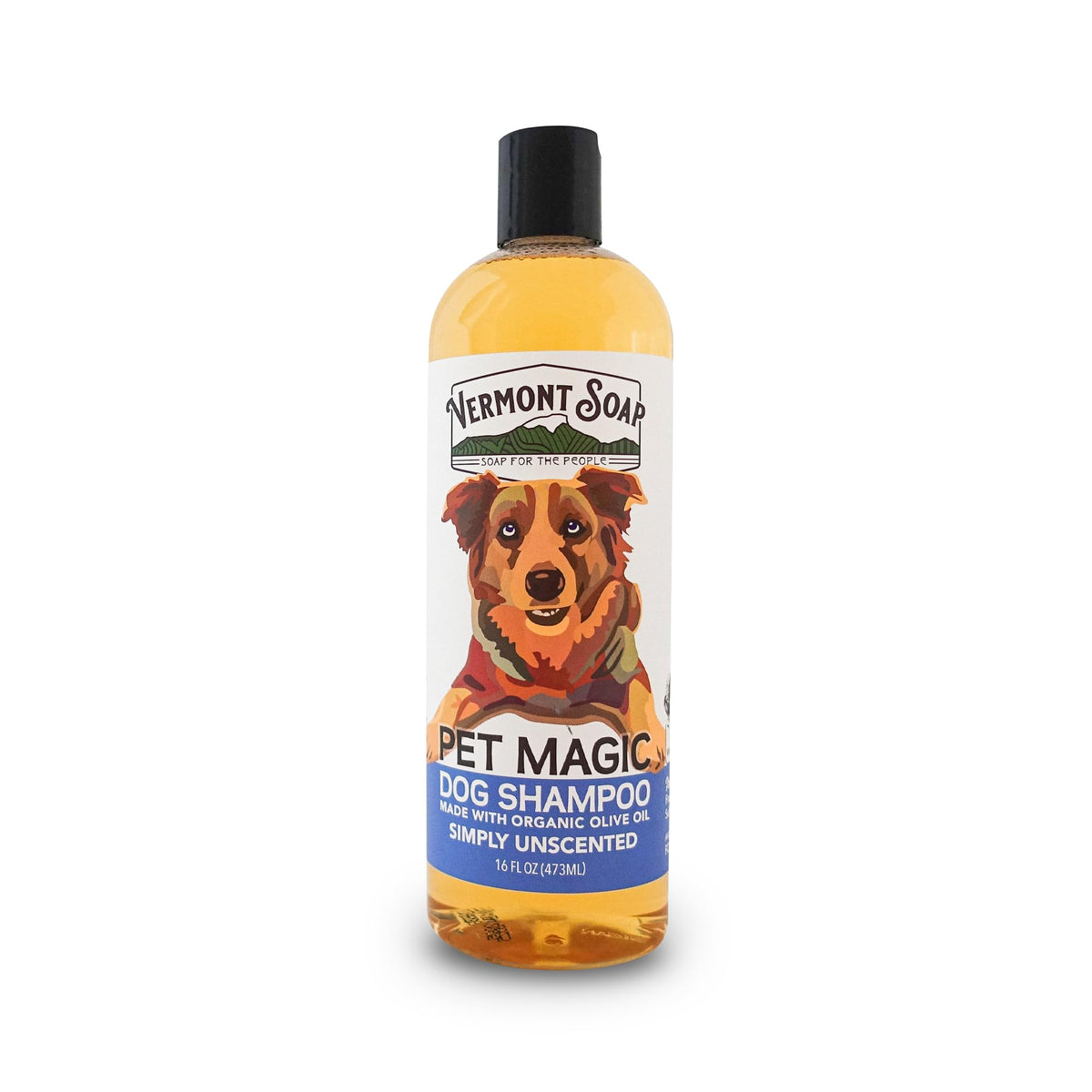 VERMONT SOAP Organics Pet Shampoo bottle-front shows unscented formula for sensitive skin