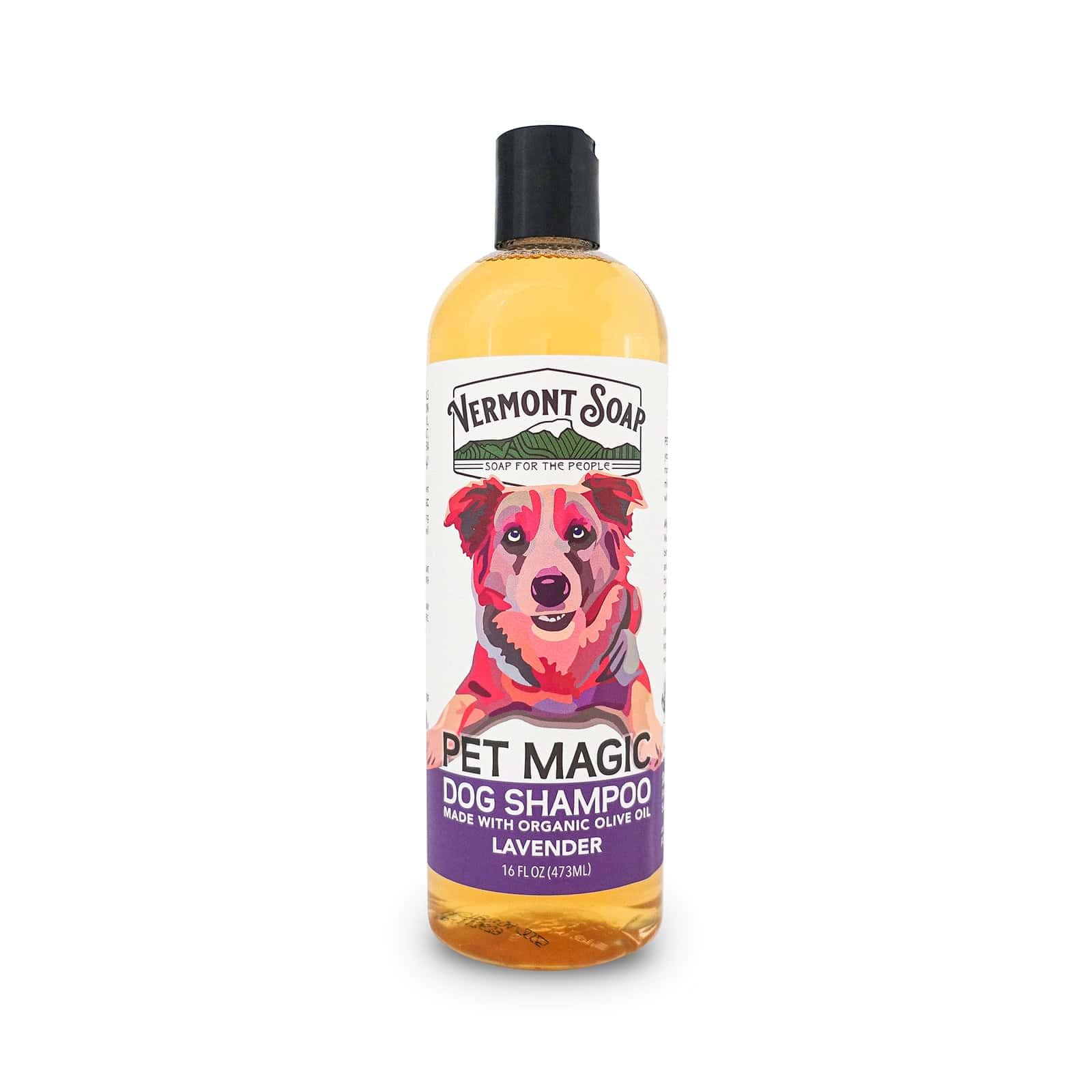 Vermont Soap Organics Pet Shampoo bottle with lavender for sensitive skin.