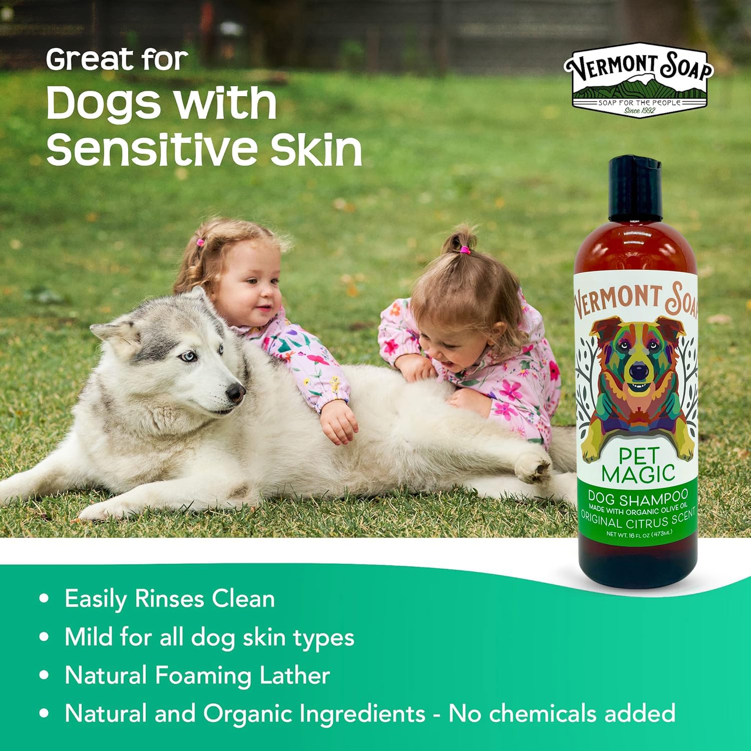 Vermont Soap Organics Pet Shampoo aloe vera for shine and moisture.