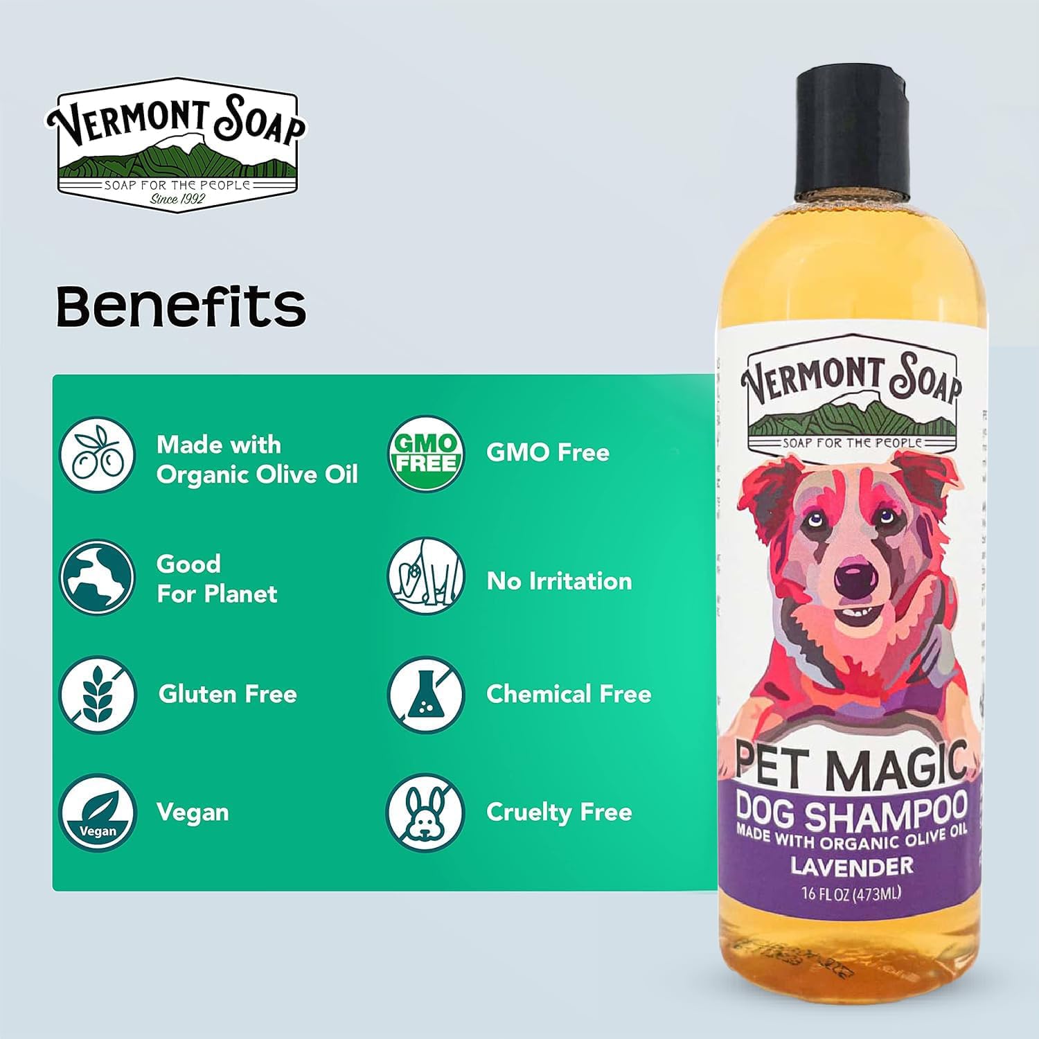 Vermont Soap Organics Pet Shampoo ingredients olive oil and coconut for nourished coat.