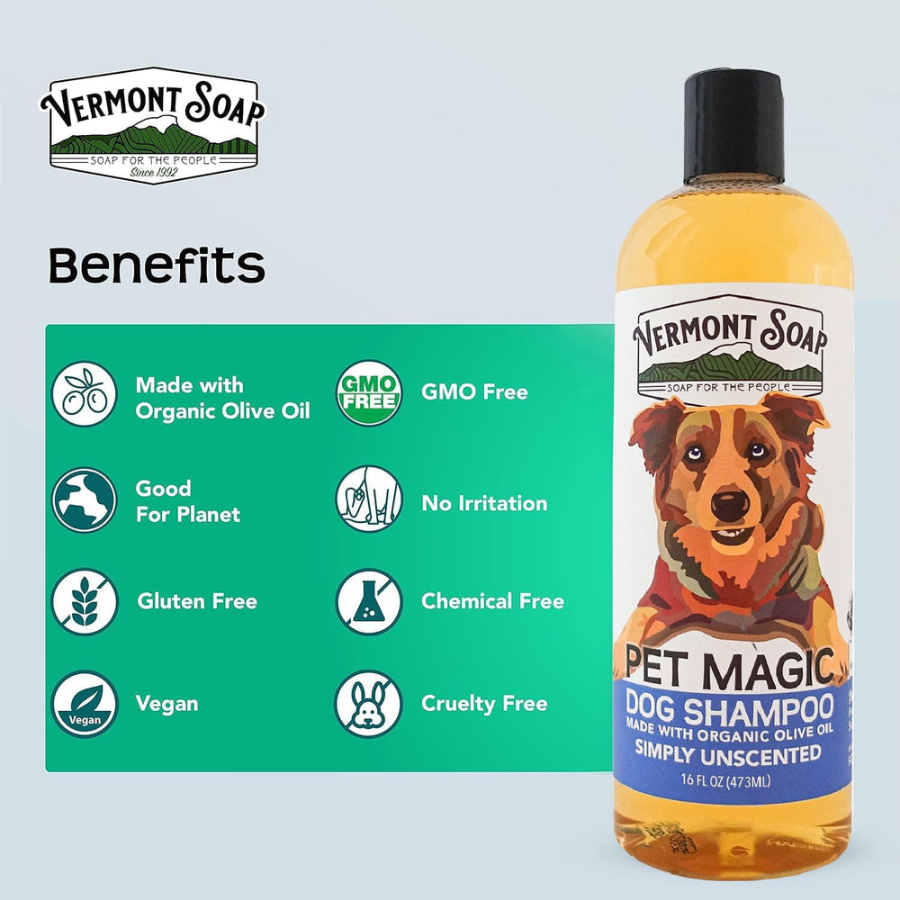 VERMONT SOAP Organics Pet Shampoo ingredients close-up highlights olive oil and aloe