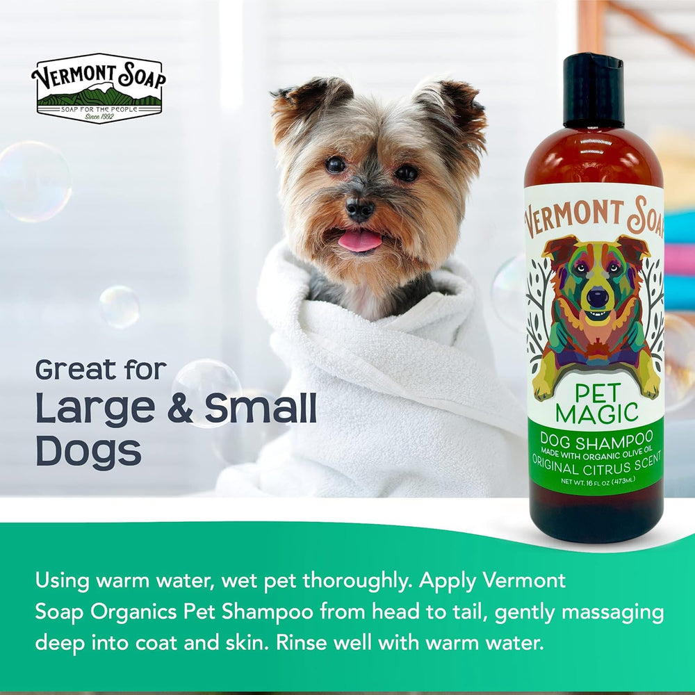 Vermont Soap Organics Pet Shampoo made in the USA packaging.