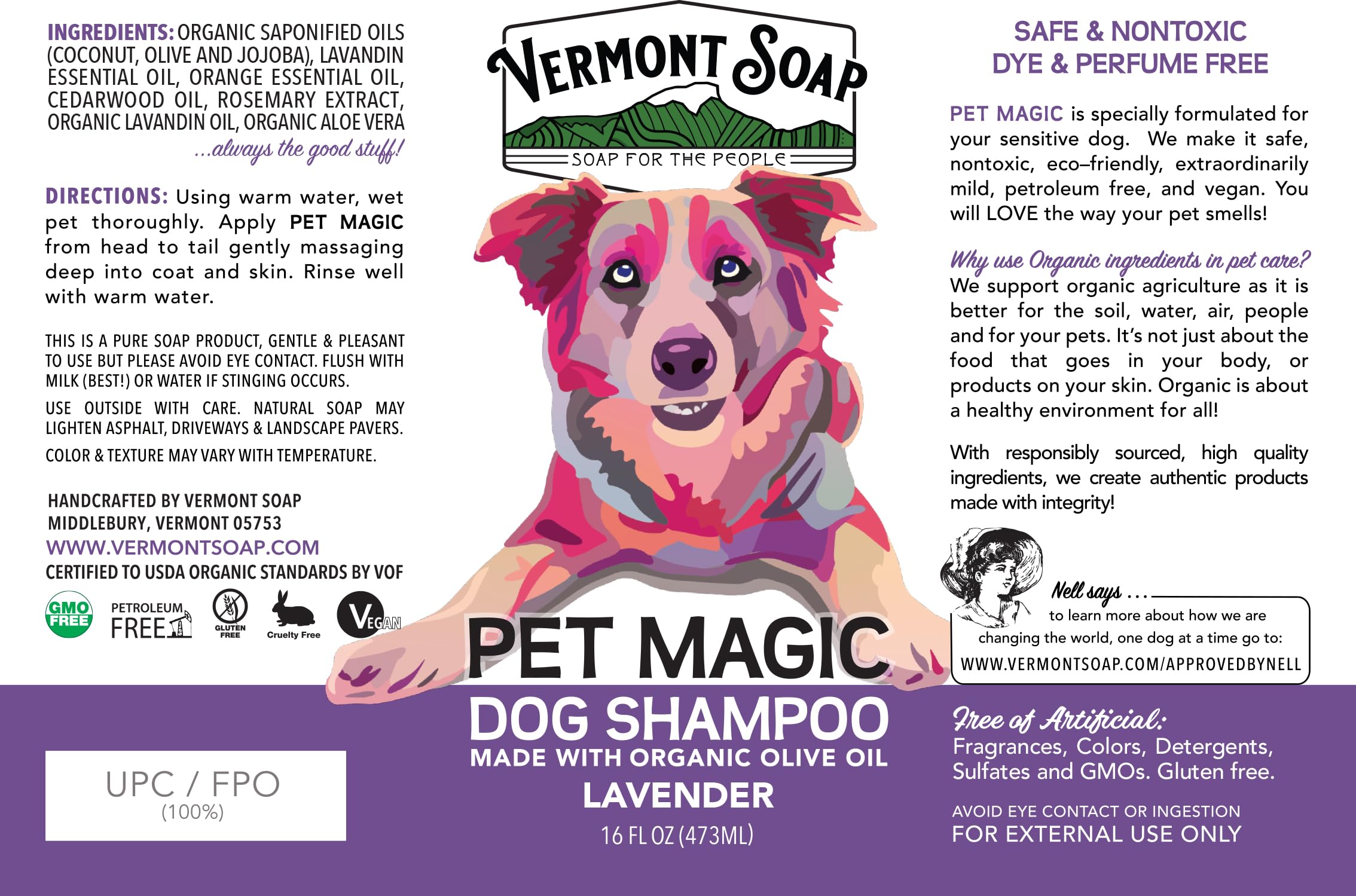 Vermont Soap Organics Pet Shampoo USA-made packaging on shelf.