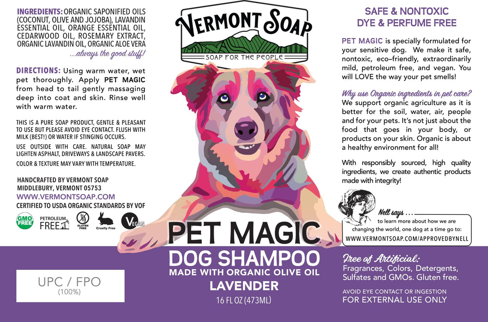 Vermont Soap Organics Pet Shampoo USA-made packaging on shelf.