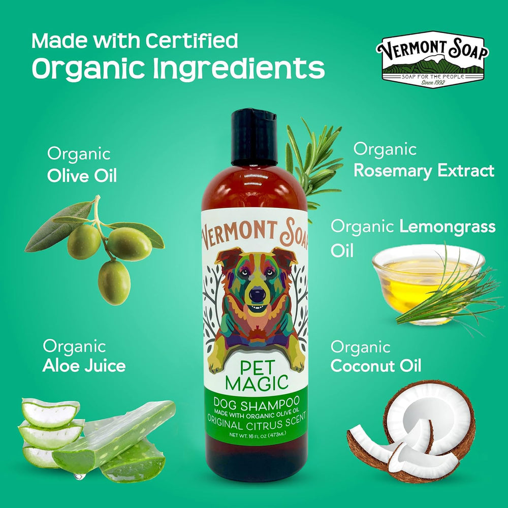 Vermont Soap Organics Pet Shampoo label highlighting organic olive oil and coconut oils.