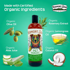 Vermont Soap Organics Pet Shampoo label highlighting organic olive oil and coconut oils.