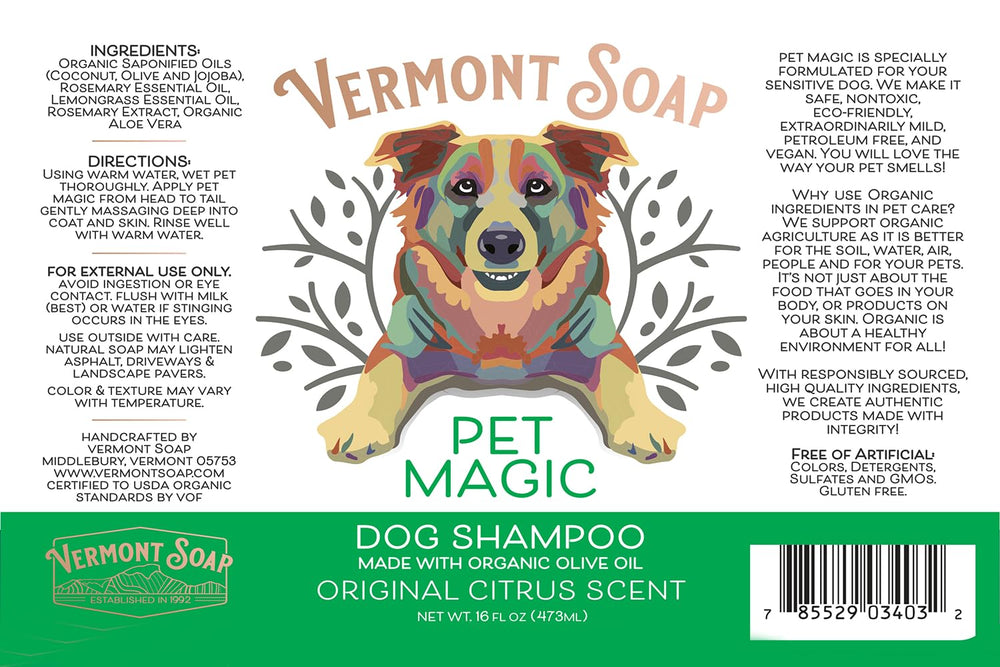 Vermont Soap Organics Pet Shampoo Original Citrus scent with rich lather.
