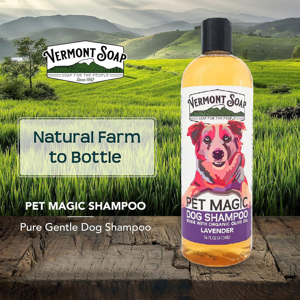 Vermont Soap Organics Pet Shampoo gentle formula for dogs with sensitive skin.
