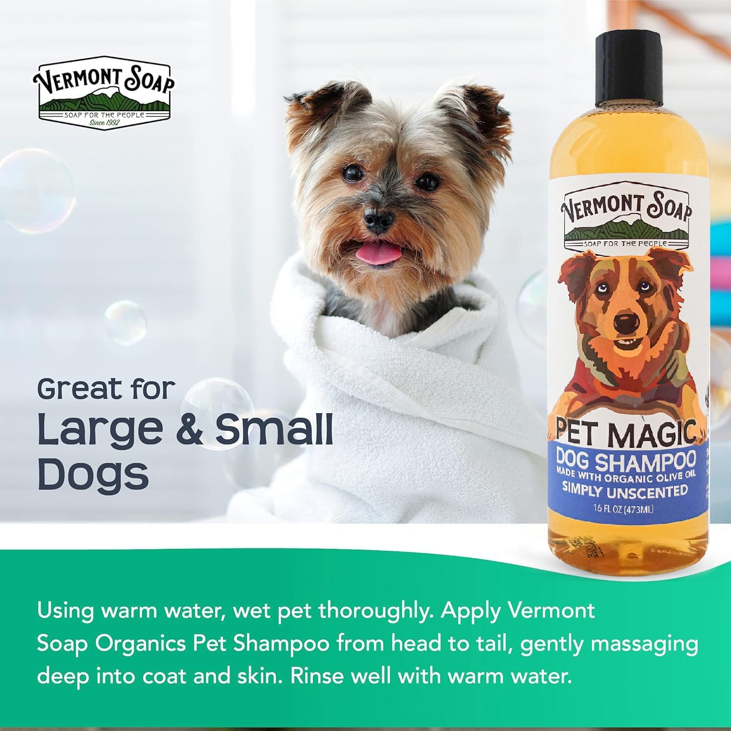 VERMONT SOAP Organics Pet Shampoo unscented packaging emphasizing USDA certification
