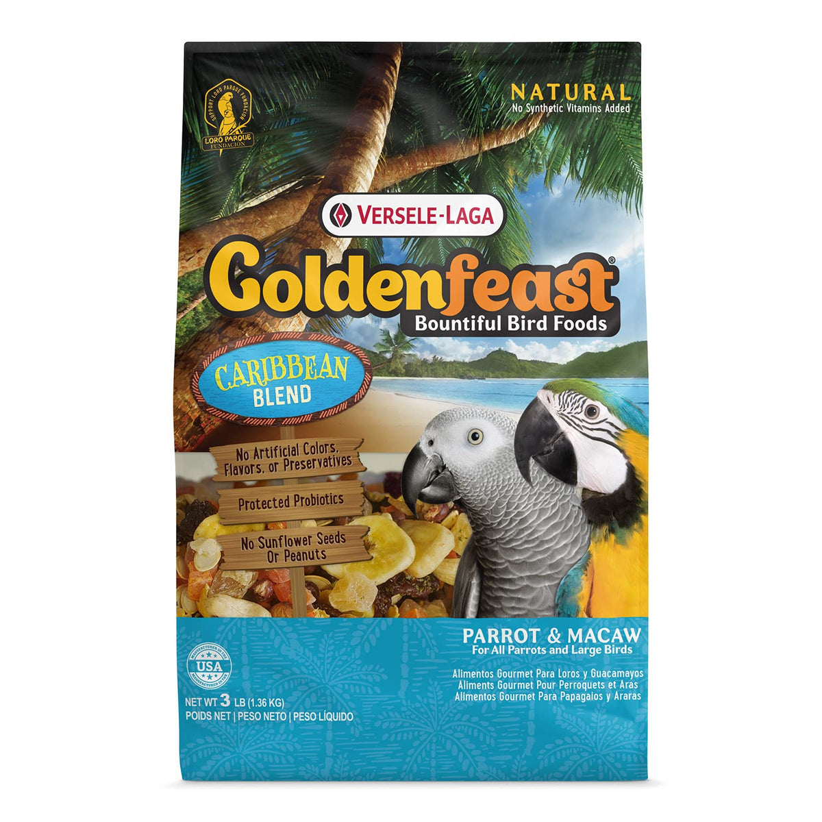 Versele-Laga Goldenfeast Caribbean Blend bag label, premium parrot nutrition for enrichment.