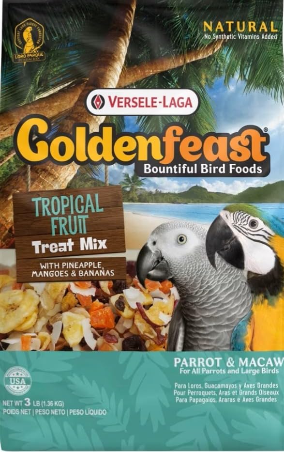 Versele-Laga Goldenfeast Tropical Fruit Treat Mix bag offers foraging enrichment for parrots and large birds.