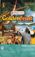 Versele-Laga Goldenfeast Tropical Fruit Treat Mix bag offers foraging enrichment for parrots and large birds.