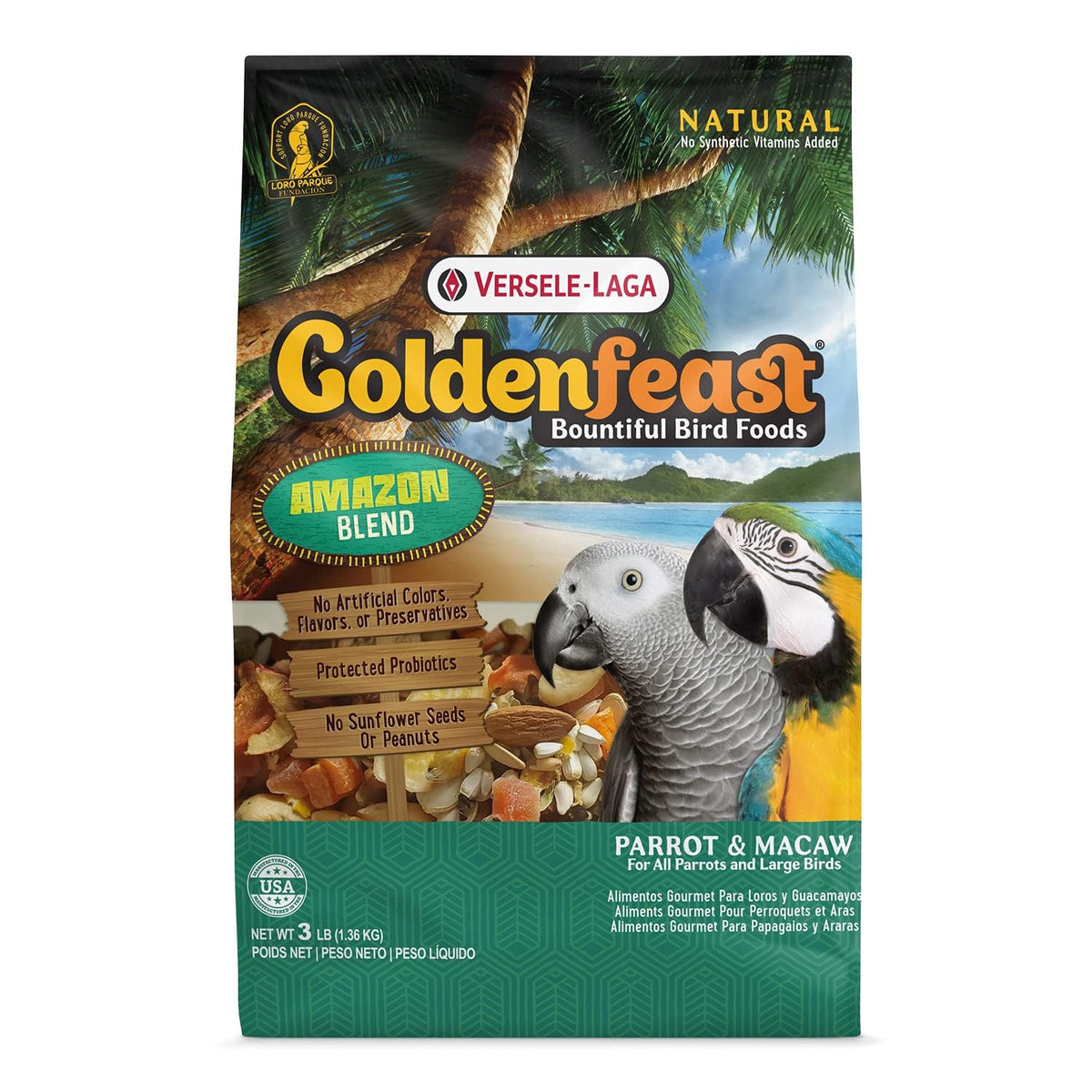 Versele-Laga VL Goldenfeast Amazon Blend bag supports balanced nutrition for parrots.