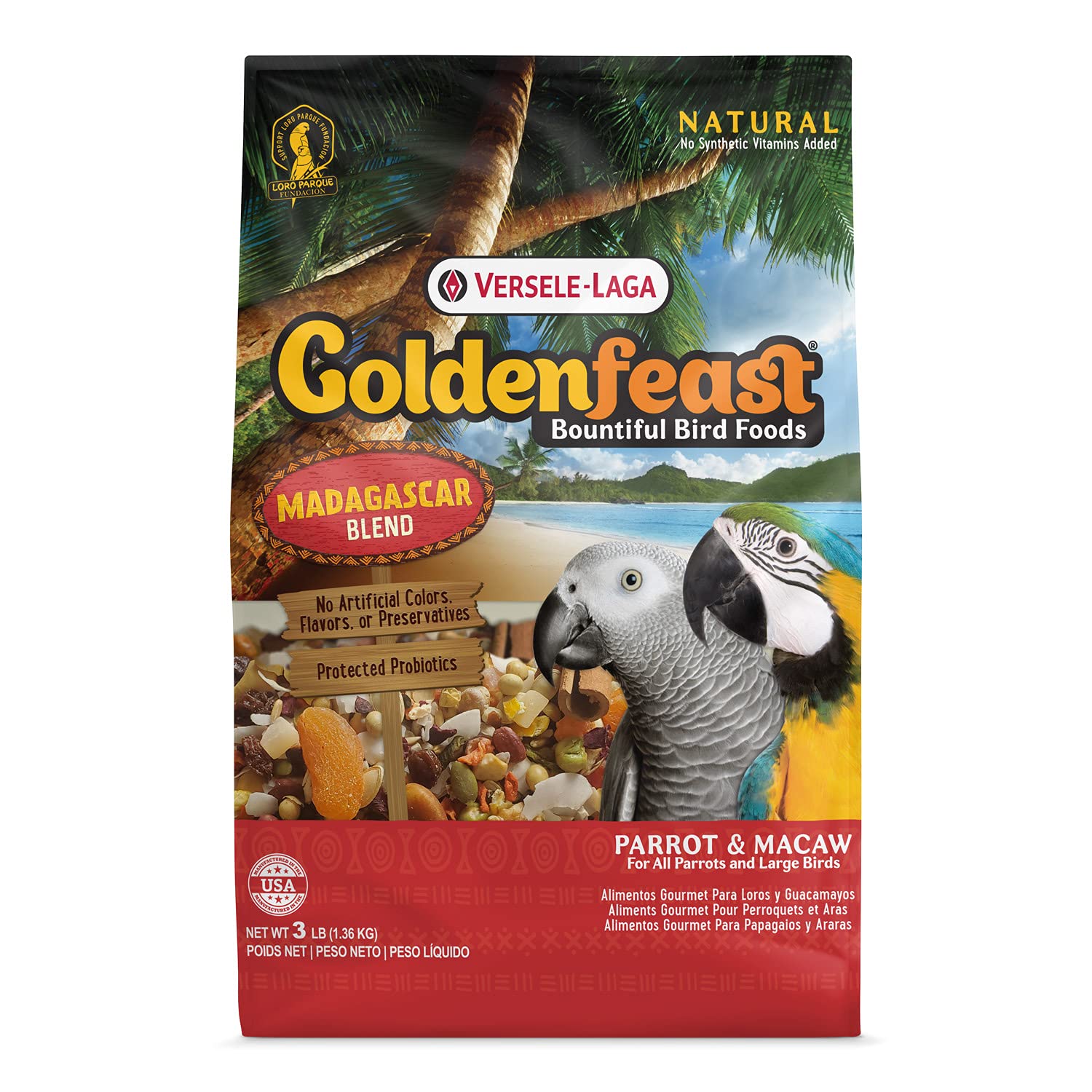 Versele-Laga VL Goldenfeast Madagascar Blend bag front view, balanced nutrition for parrots.