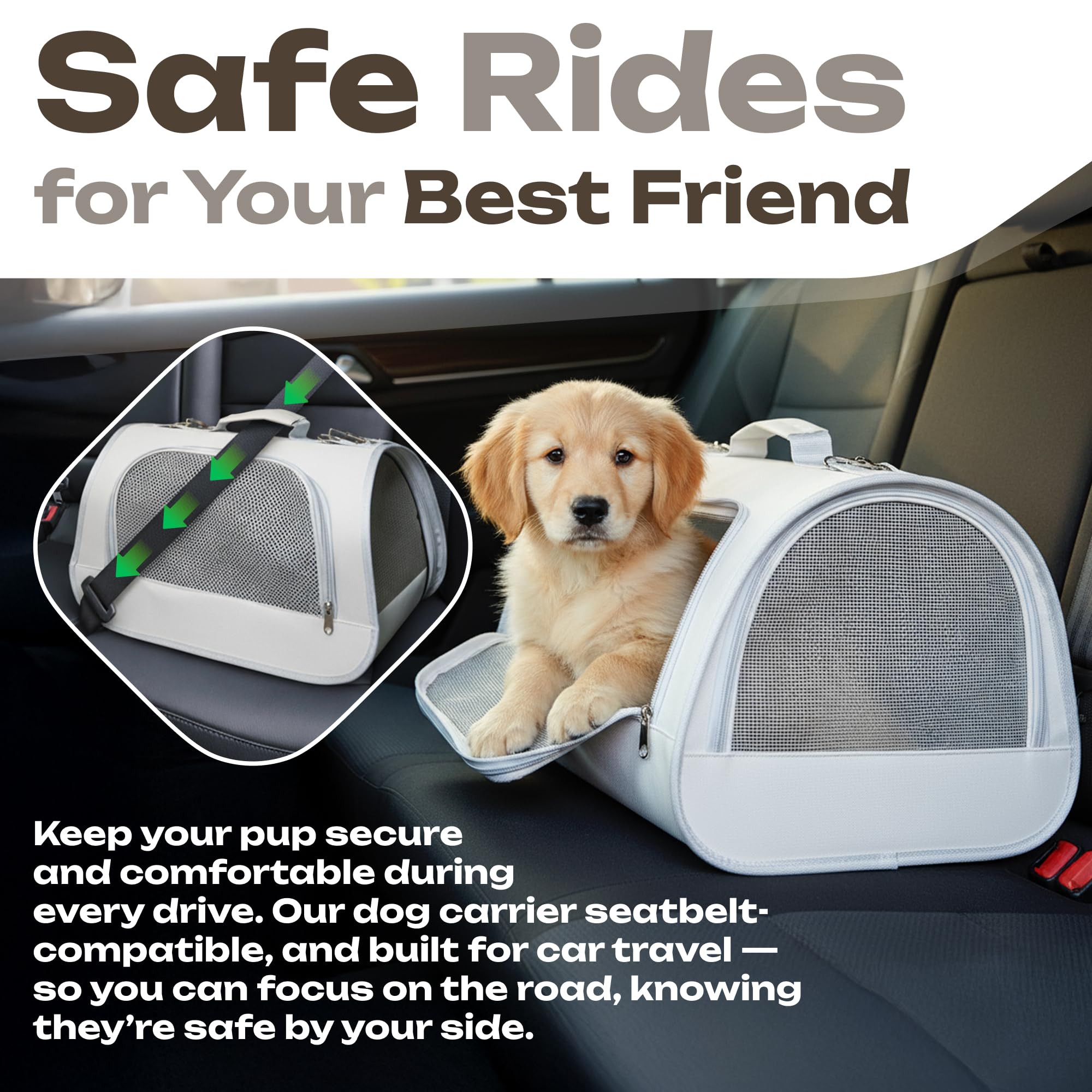 Vertical-Pro car-seat compatible pet carrier enables safe, car-friendly travel.