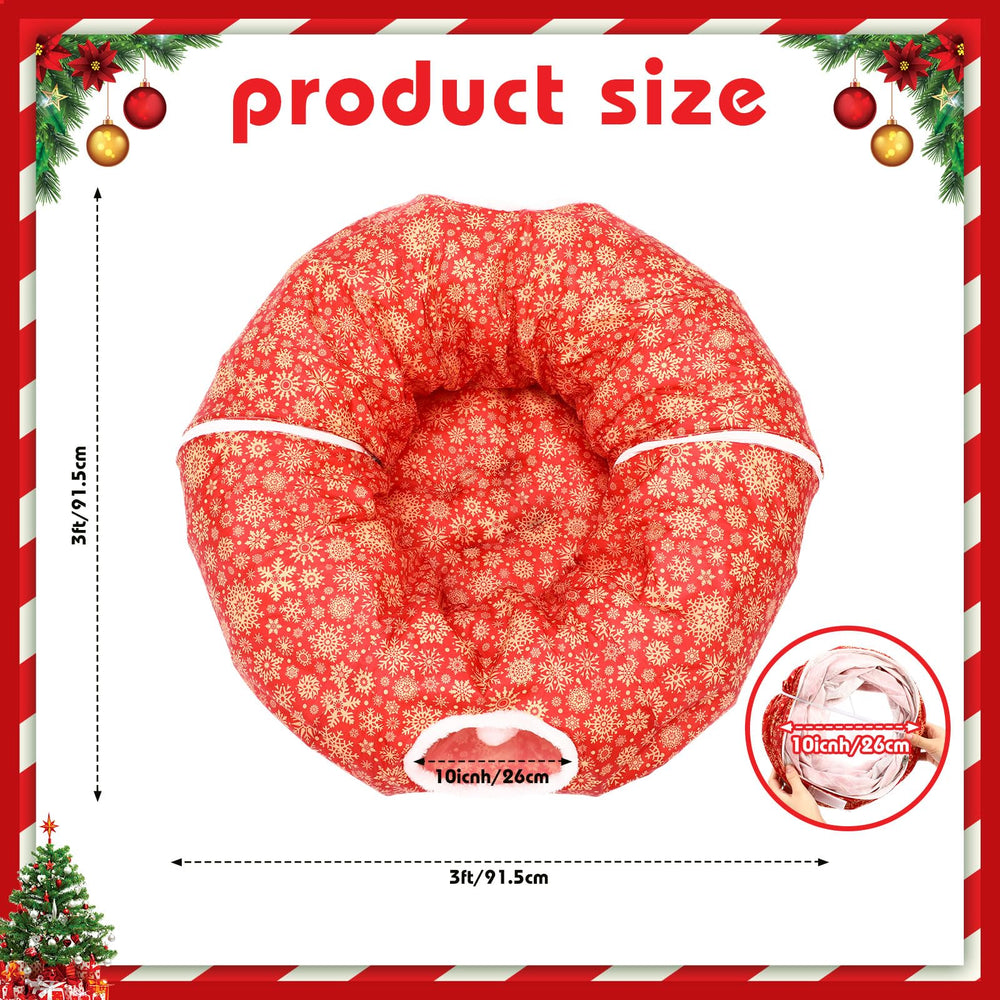 Vertintong cat tunnel bed red base with gold snowflakes boosts holiday ambience.