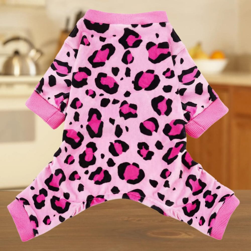 Vet-Approved calming dog pajamas pink small side view with stretchy fabric for easy on/off.