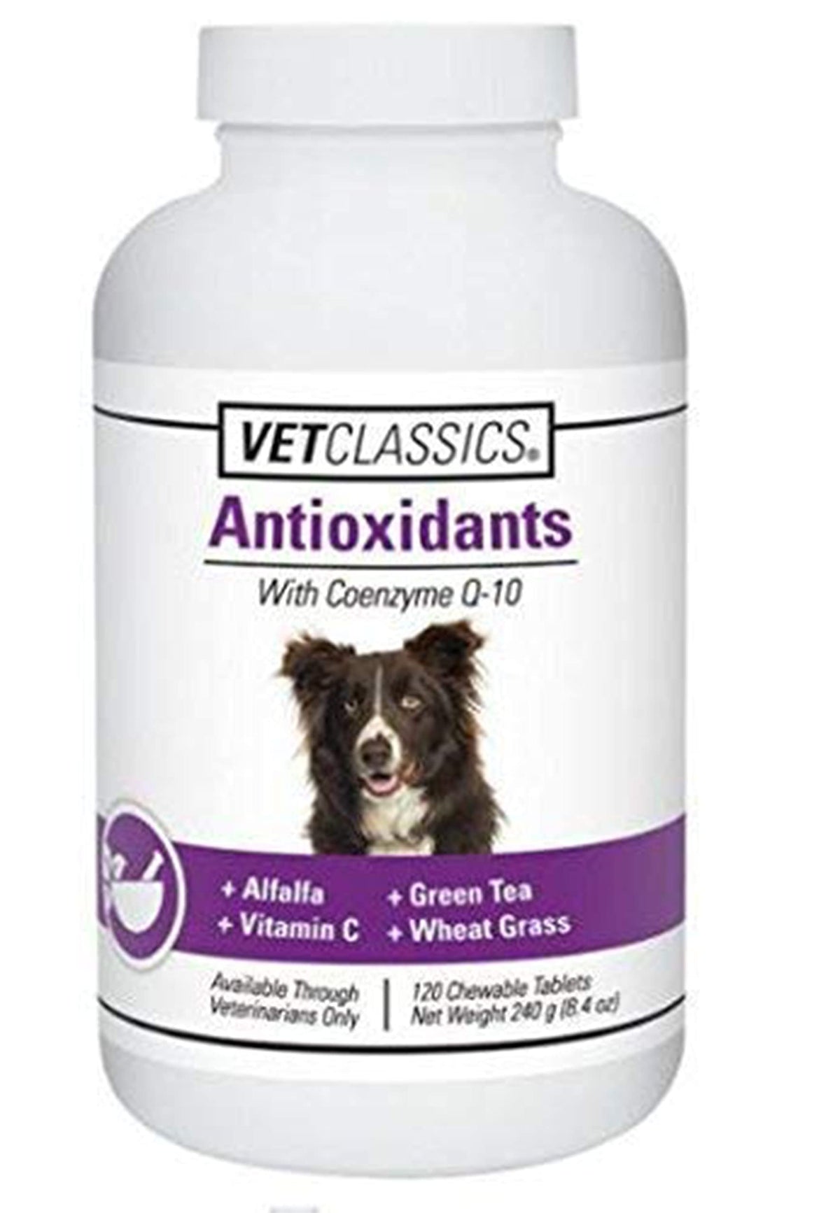 Vet Classics antioxidants bottle with chewables highlighting CoQ-10 blend for dogs, supporting overall wellness.