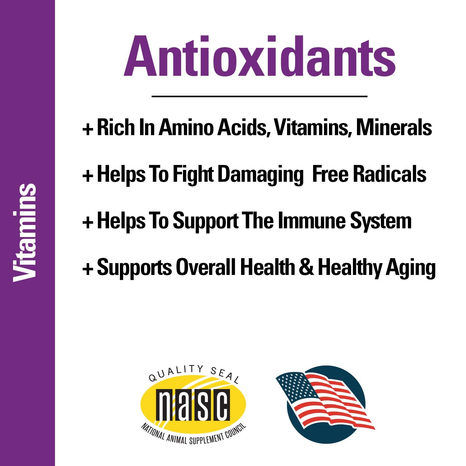 Vet Classics antioxidants packaging highlights vitamin C and wheat grass for pet vitality.