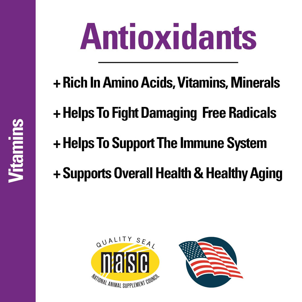 Vet Classics antioxidants packaging highlights vitamin C and wheat grass for pet vitality.