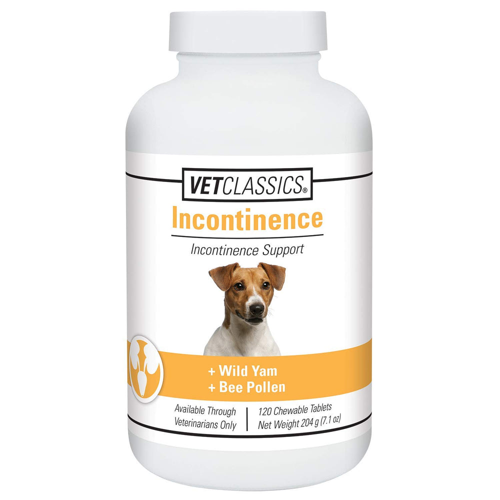Vet Classics bladder-incontinence supplement bottle demonstrates veterinarian-approved support for dogs with daily urinary comfort.