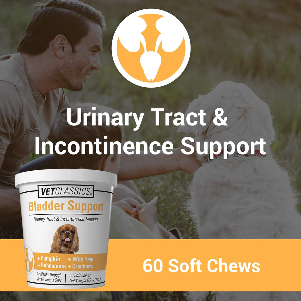 Vet Classics Bladder Support soft chews jar emphasizes routine urinary tract wellness for senior dogs