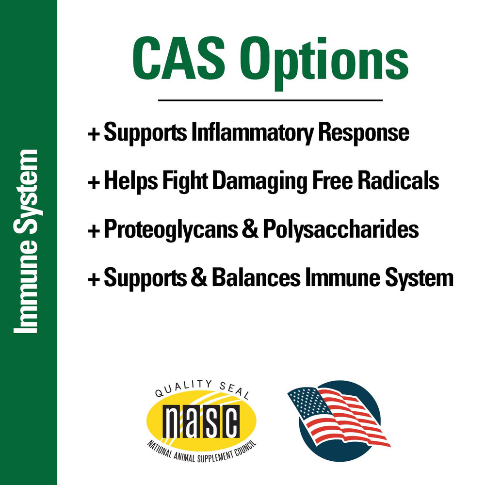 Vet Classics CAS Options mushrooms-based formula featuring maitake, shiitake, turkey tail ingredients