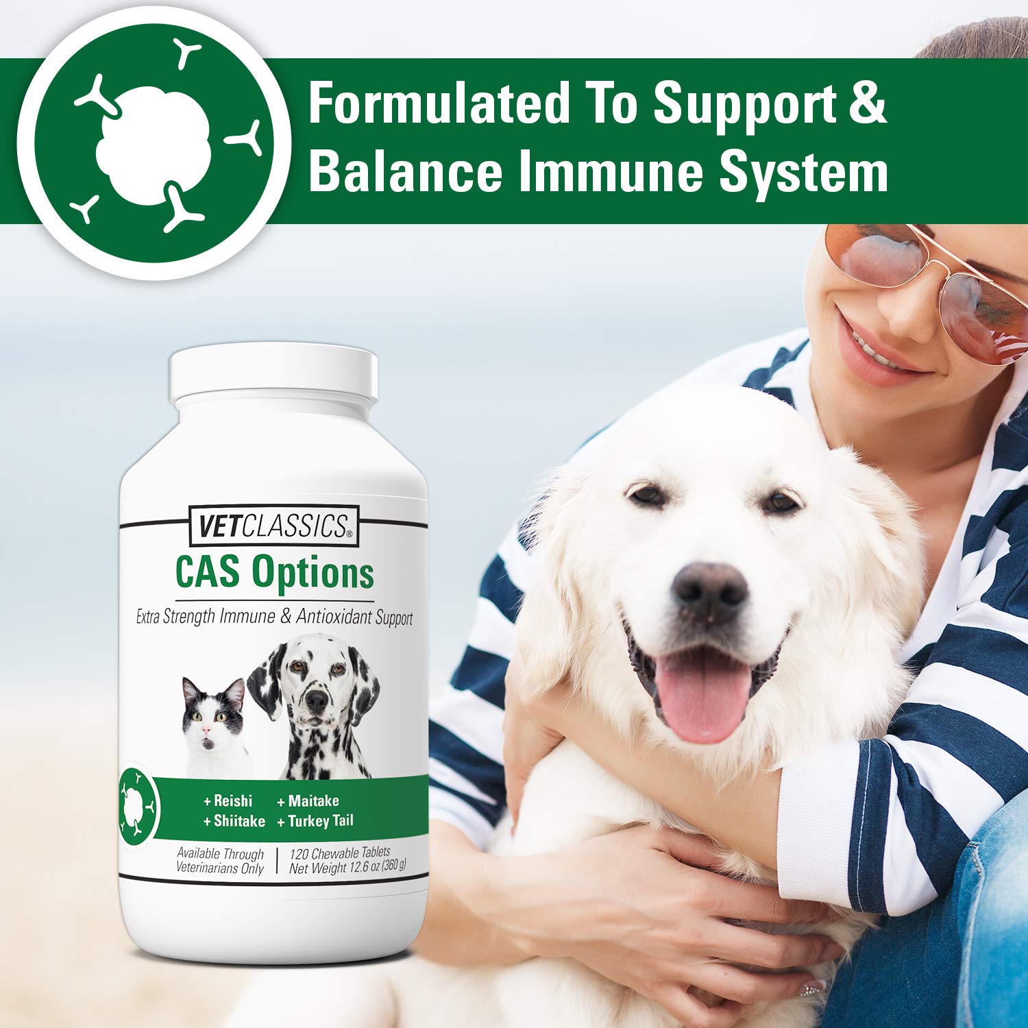Vet Classics CAS Options immune mushrooms ingredients close-up highlighting natural antioxidant support