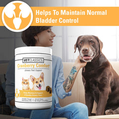 Vet Classics Cranberry Comfort dog-cat usage scene illustrates daily urinary support.