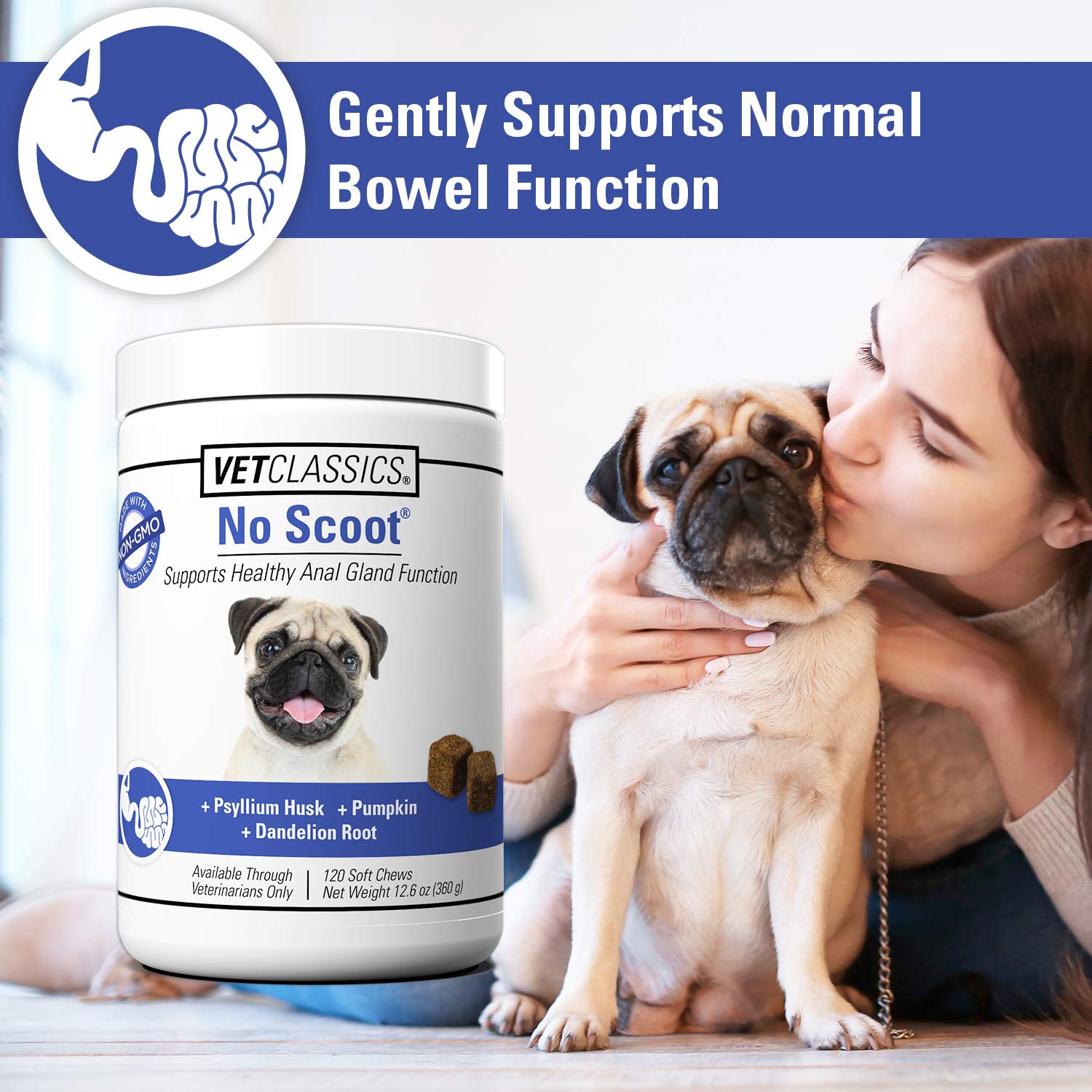 Vet Classics No Scoot ingredients include pumpkin, flaxseed, and psyllium husk.